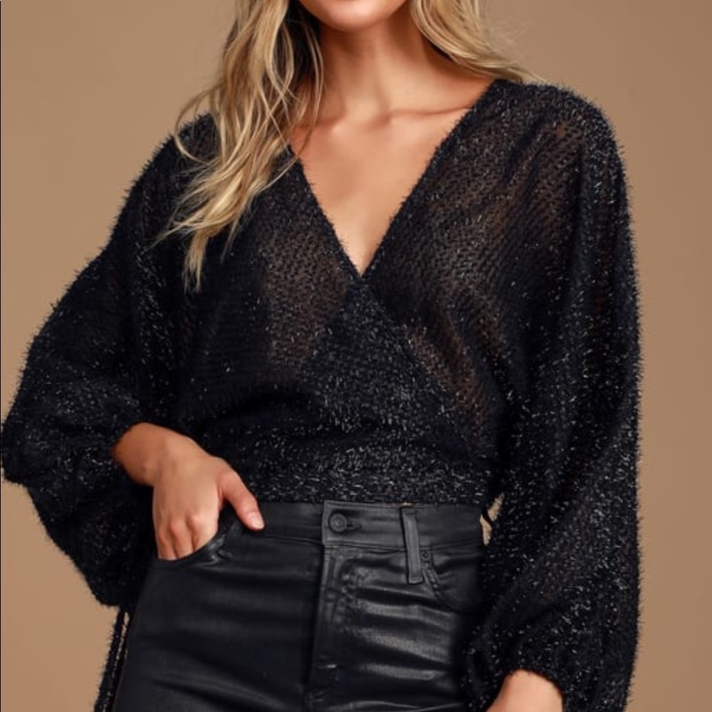 Lulus Heyleigh black sparkly long sleeve crop